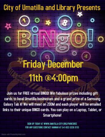 Umatilla FREE Virtual BINGO Friday, December 11th @4pm